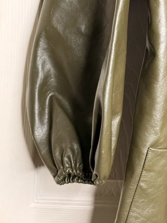 Olive Faux Leather Jacket Women M/L Open Front Lightweight Chic Rare by p. Cill - Picture 5 of 10